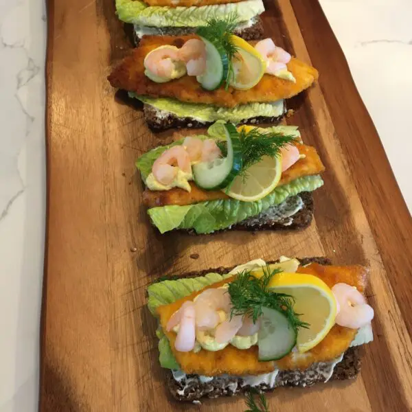 Danish Haddock open Sandwich x 4 with Extra large prawns on Rye bread (Handmade on the day)